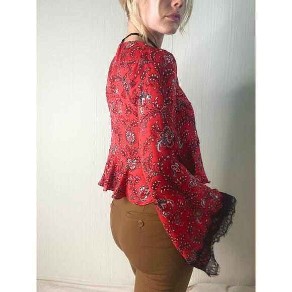 CINQ A SEPT "Jemma" Silk Red Paisley Long Sleeve Cropped Blouse NWT US XS - Picture 7 of 15